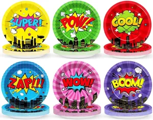 Superhelden Comic Stil Party Pappteller Detailansicht mit bunten Pop-Art Mustern und Farben.