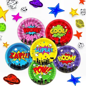 Superhelden Comic Party Pappteller Set, farbiges Einweggeschirr Detailansicht groß.