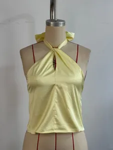 Satin halter crop top for women, sexy sleeveless lace up backless summer top yellow.