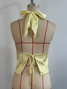 Detailed back view of women satin halter backless crop top in elegant light yellow color