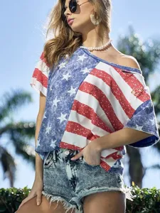 American flag off shoulder casual women t shirt 2026 summer new loose short sleeve top fashion