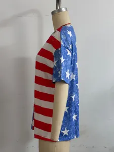 American flag print casual loose women t-shirt, short sleeve patriotic holiday detail.