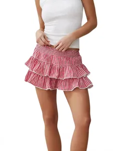 Women Y2K Plaid Ruffled Mini Skirt High Waist Tiered Cake Skirt Sweet Harajuku Lace Trim Printed A-Line Skirt Fashion Streetwear Bottom