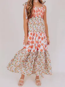 Abito Maxi da Donna Vintage con Stampa Floreale Senza Spalline a Balze Boho Spiaggia Festa Senza Maniche Prendisole Elegante Outfit da Vacanza