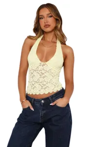 Haut Halter en Dentelle Sexy pour Femme Été Décontracté Slim Sans Manches Débardeur