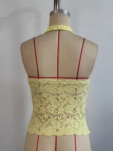 Femme haut caraco halter en dentelle jaune slim sexy mode d'ete dos nu vetement