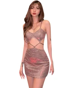 Sexy glitter sequin cut out bodycon mini dress summer club party women sling dresses