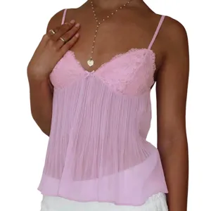 Top de tirantes de encaje rosa con lazo dulce, prenda de moda femenina de verano plisada sin mangas.