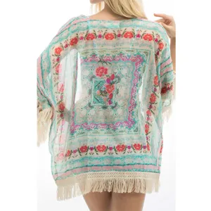 Boho floral print batwing sleeve kimono beach cover up sheer cardigan for women top