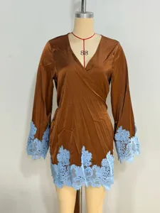 Silk satin sexy v-neck long sleeve nightgown with light blue lace trim for women home wear