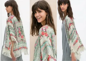 Boho floral print chiffon kimono cardigan with batwing sleeves and fringe hem for women.