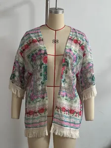 Boho floral print chiffon kimono cardigan batwing sleeve summer beachwear beach cover up