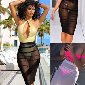 Jupe mi-longue transparente sexy pour femme, maille élastique taille plage clubwear.