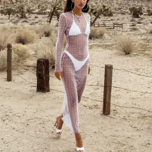 Vestido largo transparente de malla con cuentas sexy para mujeres moda playa estilo vacaciones.