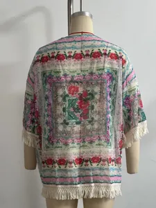 Floral print chiffon kimono cardigan back detail with delicate fringe hem and sleeves.