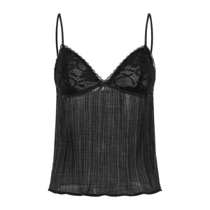 Top lencero negro de encaje para mujer, blusa plisada sin mangas con un lindo lazo.