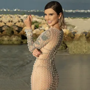 Vestido largo de malla transparente elegante detallado con perlas y pedrería fina.