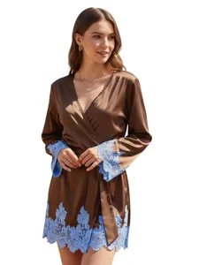 Women Silk Satin V-Neck Lace Trim Robe Sleepwear Lounge Bathrobe
