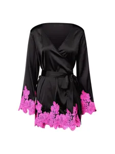 Luxurious black satin silk women's robe featuring vibrant pink lace trim and waist tie belt.