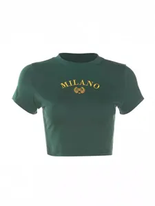 Maglietta Casual a Manica Corta da Donna Slim Girocollo Ricamo Lettere Crop Top Poliestere Estate