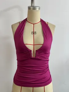 Women's sexy halter neck pink tank top featuring slim fit and metal ring front detail.
