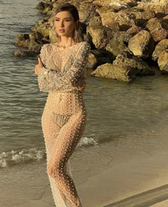 Vestido largo de tul con cuentas pareo de playa sexy vestido transparente moda mujer.