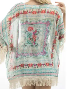 Boho floral print chiffon batwing sleeve kimono cardigan, elegant summer beach sun protection.