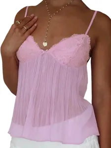 Sexy Encaje Lazo Sin Mangas Camisola Mujer Verano Dulce Plisado Top Delgado Color Sólido Casual Camiseta