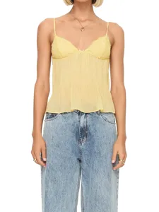 Top de tirantes plisado de encaje amarillo para mujer, camisa veraniega linda con lazo.