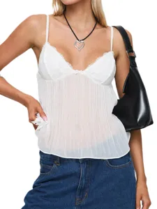 Mujer elegante top blanco de encaje plisado sin mangas sexy verano con bonito lazo