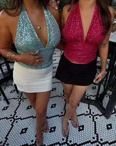 Sequined halter top sparkly V-neck sleeveless backless summer sexy party crop top