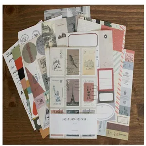 Retro vintage postage stamp decorative stickers set for DIY journaling and scrapbooking crafts.