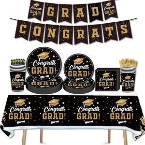 Abschluss Party Deko Set mit Banner Pappteller Bechern Servietten und Tischdecke schwarz gold.