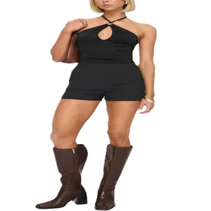Black halter top and shorts detail view, featuring cutout design and slim fit for summer styling.