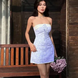 Sweet floral strapless mini dress for women, fashionable patchwork design with drawstring.