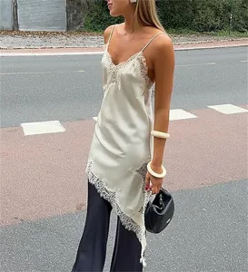 European style chic asymmetric lace satin camisole top for women, sexy sleeveless design.