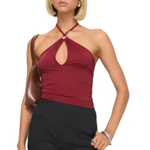 Solid color sleeveless backless halter tank top with front ring detail and fitted design.