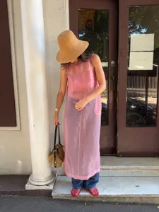 Vestido largo holgado y transparente rosa casual para mujer, estilo europeo y americano.