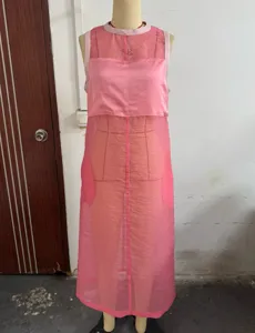 Vestido maxi largo de malla sin mangas rosa holgado para mujer, detalle vestido casual.