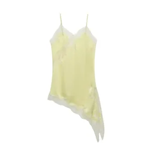 Yellow silk camisole with asymmetric white lace trim, elegant spaghetti strap top detail.