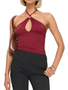 Women Burgundy Halter Neck Keyhole Slim Fit Sleeveless Summer Sexy Crop Top Shirt