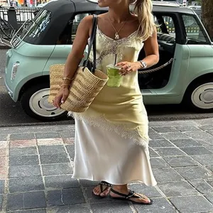 Elegant European style fashion lace slip dress, trendy yellow and white color block long dress.