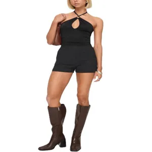 Women summer solid color halter top and slim shorts set, casual sleeveless streetwear.