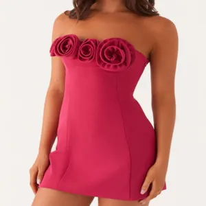 Chic 3D floral strapless mini dress for women, sexy slim fit party cocktail dress summer.