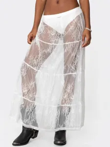 Women's Sexy White Lace Sheer Maxi Skirt Floral Tiered Layered Polyester Bottoms for Casual Summer Vacation
