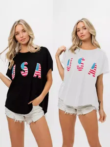 T-Shirt Décontracté à Manches Courtes pour Femmes Coupe Large Col Rond Haut Avec Broderie de Lettres Drapeau USA pour Femmes Polyester Élasthanne Mode d'Été