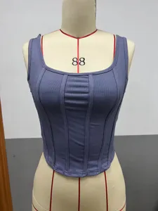Débardeur corset côtelé pour femmes, élégant col carré coupe slim gilet dos nu tendance.