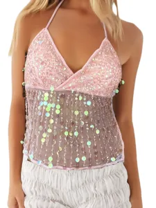 Rosa Pailletten-Haltertop mit Netz-Fransen, sexy rückenfreies Sommer-Crop-Top für Damen.