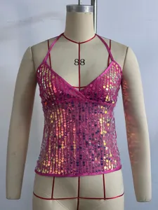 Rosa Pailletten Halfter-Oberteil Detail, sexy rückenfreies Sommer Party-Clubwear Top für Damen.