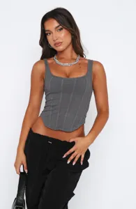 Top Court Sans Manches Gris Côtelé Corset Col Carré Slim Fit Débardeur Été Femme